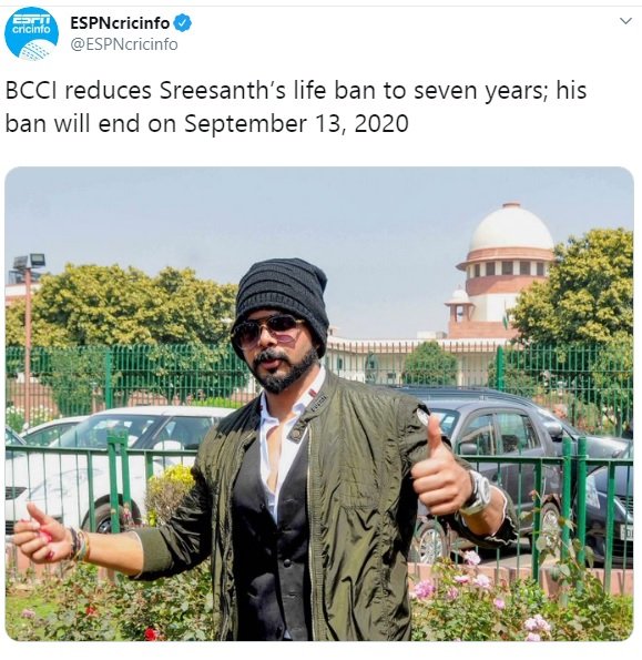 BCCI reduces Sreesanth’s life ban to seven years